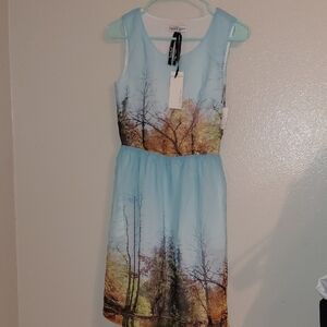 Tracy Reese Blue and Brown Scenic Print Dress